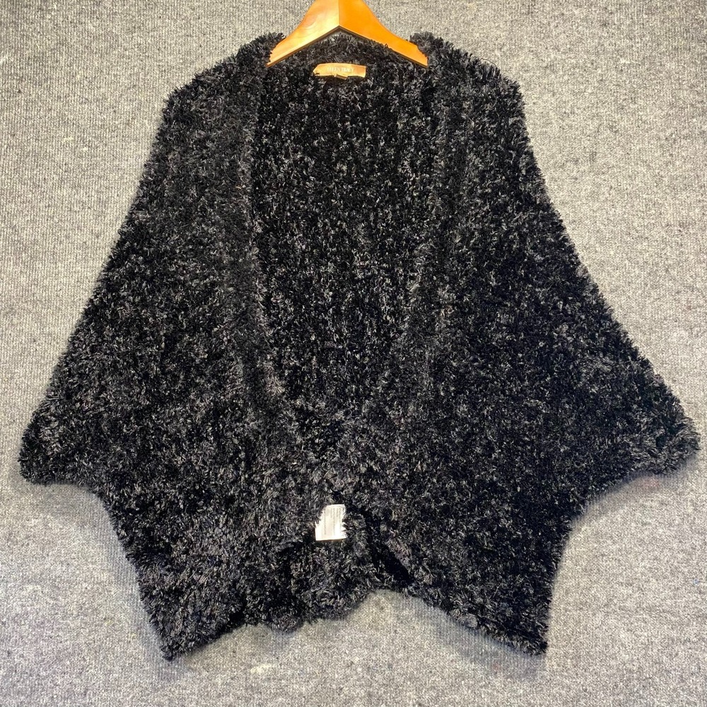 Ellen Tracy Black Fuzzy Eyelash Knit Cardigan Sweater Short Sleeve Womens M/L - Picture 1 of 6